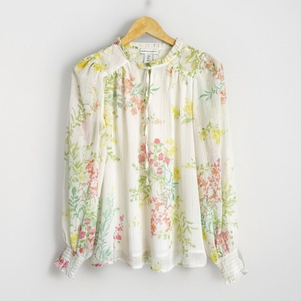 Cupcakes & Cashmere Sheer Floral Top  Women’s Small Feminine Dainty Cottagecore